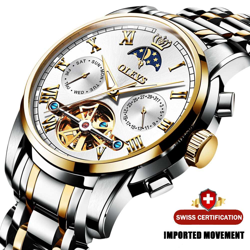 Auto-Mechanic Stainless Steel Tourbillon Moon Phase Wrist Watch